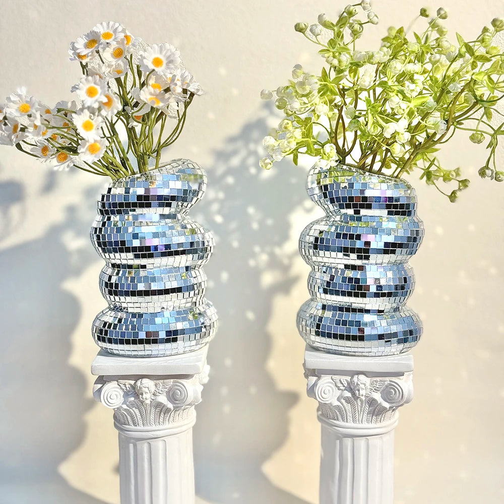 Disco Ball Spiral Vase Unique Glass Tiles Flower Bottle Disco Ball Planter Silver Mirror Vase Home Living Room Office Decor