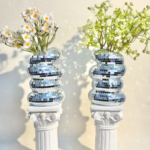 Disco Ball Spiral Vase Unique Glass Tiles Flower Bottle Disco Ball Planter Silver Mirror Vase Home Living Room Office Decor