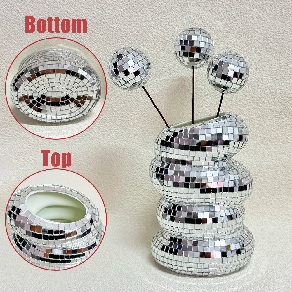 Disco Ball Spiral Vase Unique Glass Tiles Flower Bottle Disco Ball Planter Silver Mirror Vase Home Living Room Office Decor