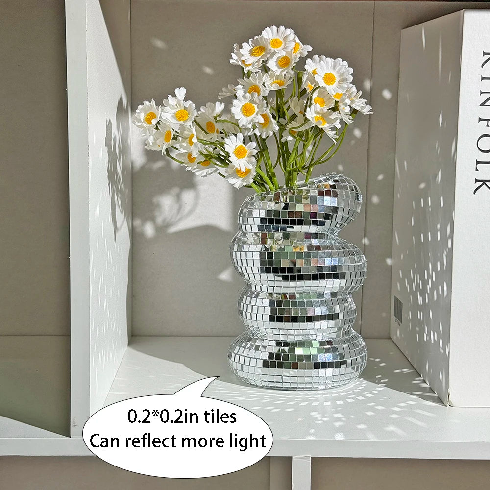Disco Ball Spiral Vase Unique Glass Tiles Flower Bottle Disco Ball Planter Silver Mirror Vase Home Living Room Office Decor