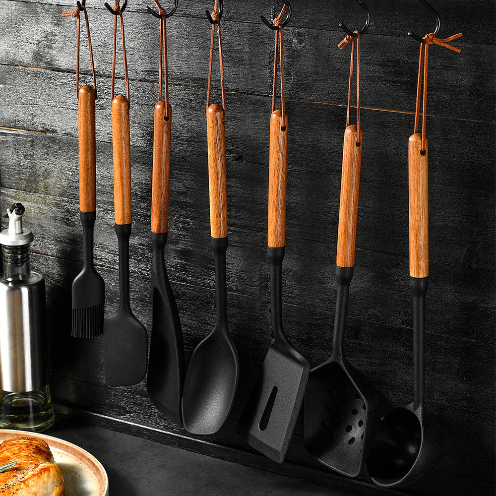 Hitzebeständiges Silikon-Küchenhelfer-Set mit Holzgriff – Vielseitige Küchenutensilien in Schwarz